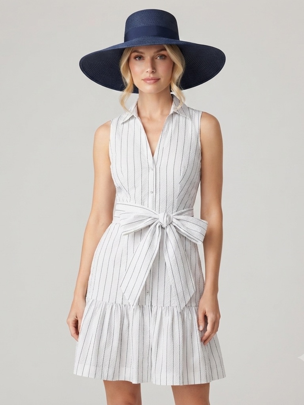 Vineyard Vines Kentucky Derby Seersucker Tiered White Pinstripe Midi Dres Sz 8 - Picture 2 of 12
